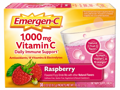 Emergen-C 1000mg Vitamin C Powder for Daily Immune Support Caffeine Free Raspberry 30CT